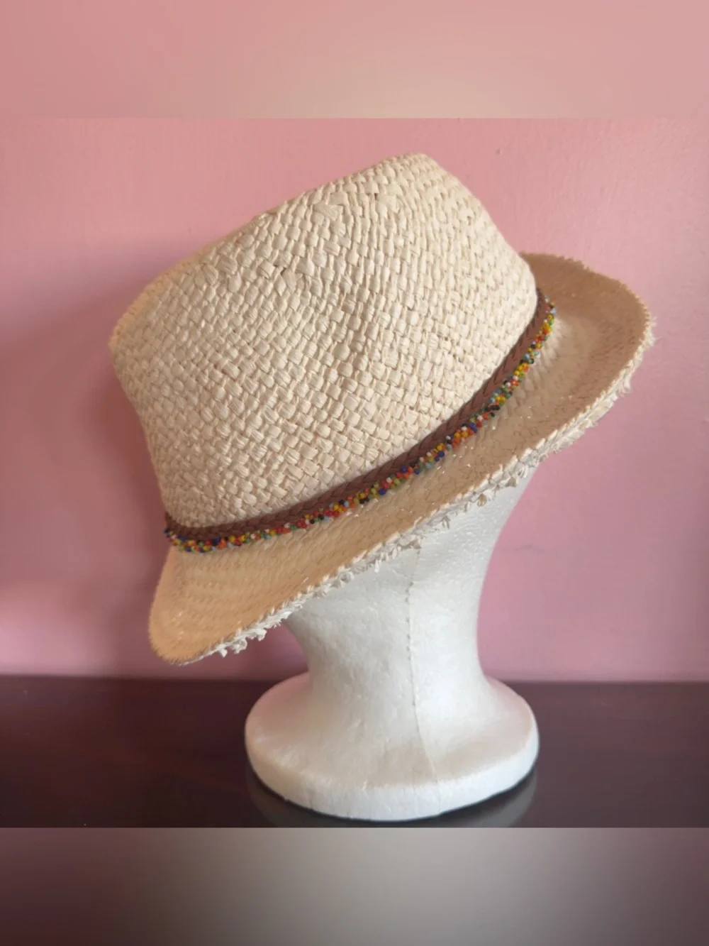 Steve Madden Cream Straw Fedora Hat Beaded Band Boho Resort Beach